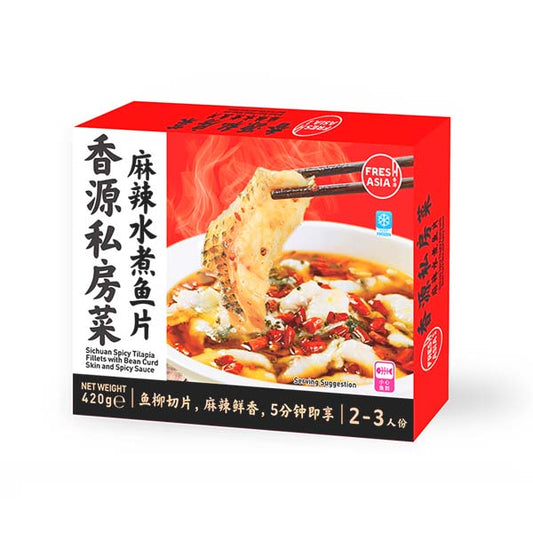 FRESH ASIA Scharfe Tilapiafilets aus Sichuan mit Tofuhaut und scharfer Soße 420g - Panda-Panda Asia Shop by JEN